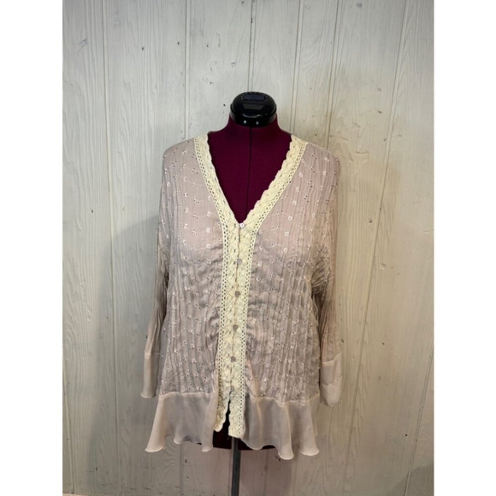 Allison Taylor Eyelet Champaign beige Blouse, with crochet Size 2X